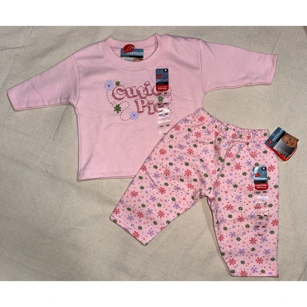 Vintage Hanes‎ Her Way Premium Sweatshirt Pants Girls 6 mo Cutie Pie Pink Outfit